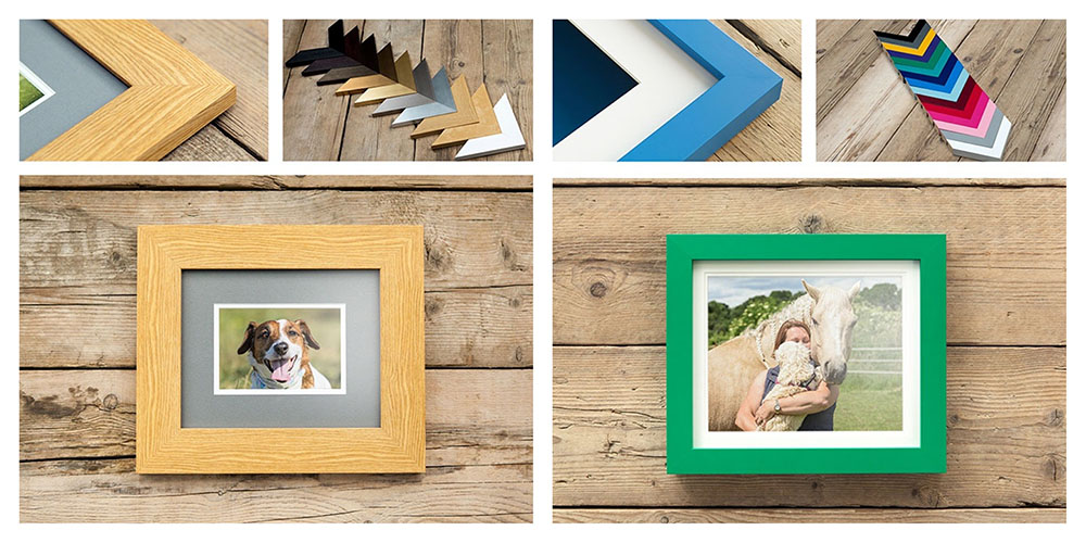 Printed photos wood grain and colourful frames